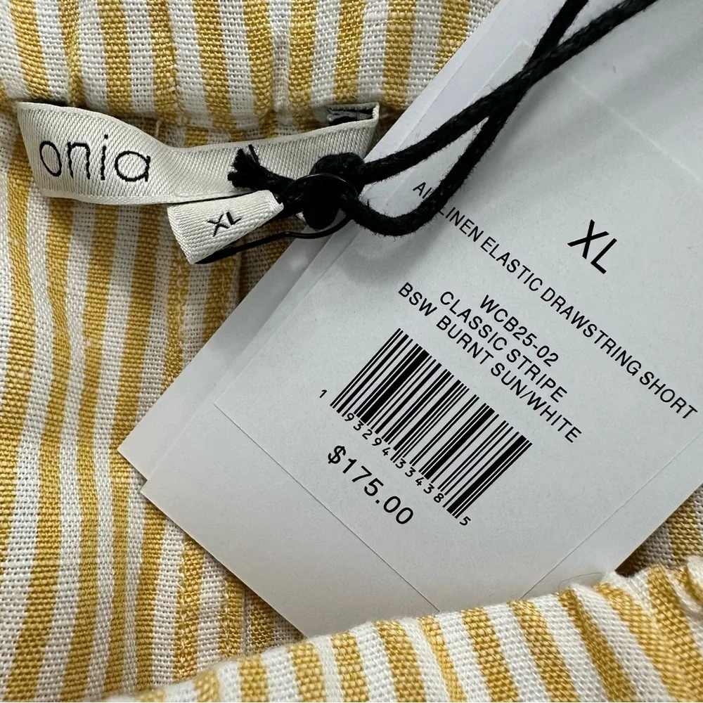 Onia Air Linen Elastic Drawstring Shorts Classic Stripe SZ XL Yellow White NWT